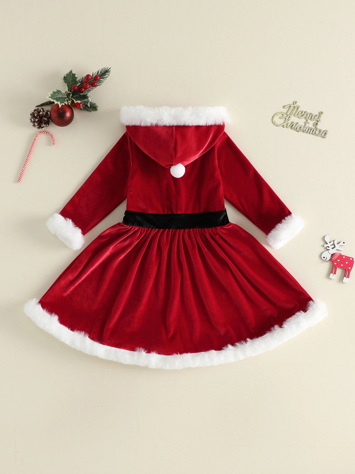 Girl Christmas Hood Dress 1-6Y Toddler Long Sleeves Cross Tie Winter Party Dress