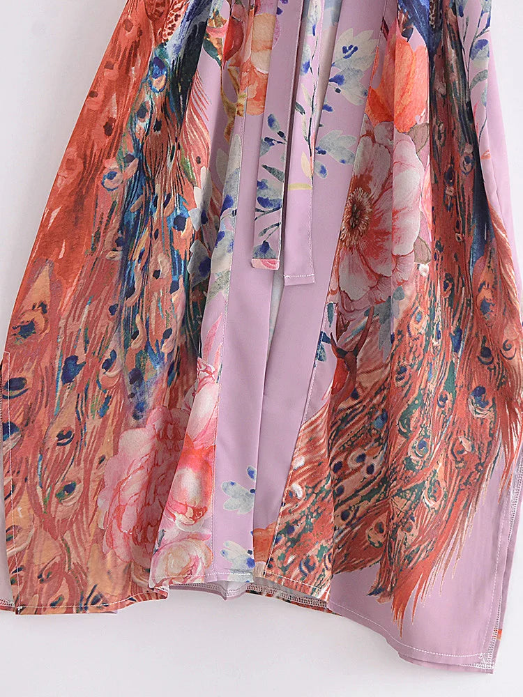 Peacock Floral Print Boho Kimono Cover-ups
