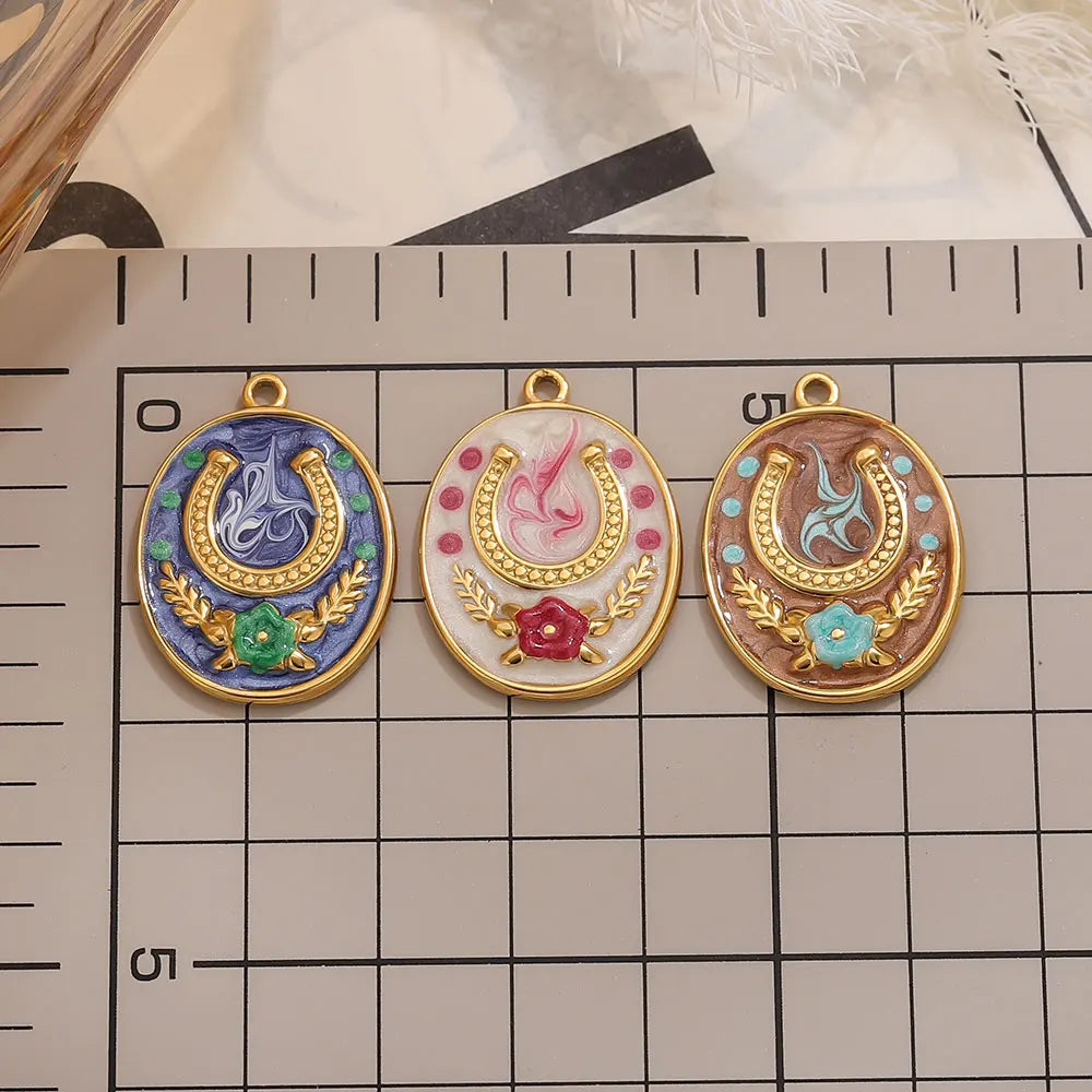 Two Horseshoe Fortune Enamel Charms Stainless Steel Gold Plated Pendant DIY Jewellery Earring Making Materials