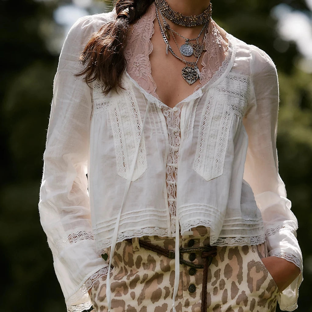 Y2K Boho Long Sleeve Lace Patchwork Button-down Tops 100% Cotton
