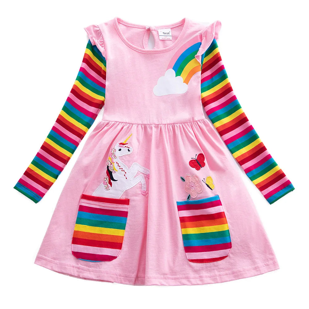 Girls' Long Sleeve Unicorn Dress Two Pockets Rainbow Sleeves