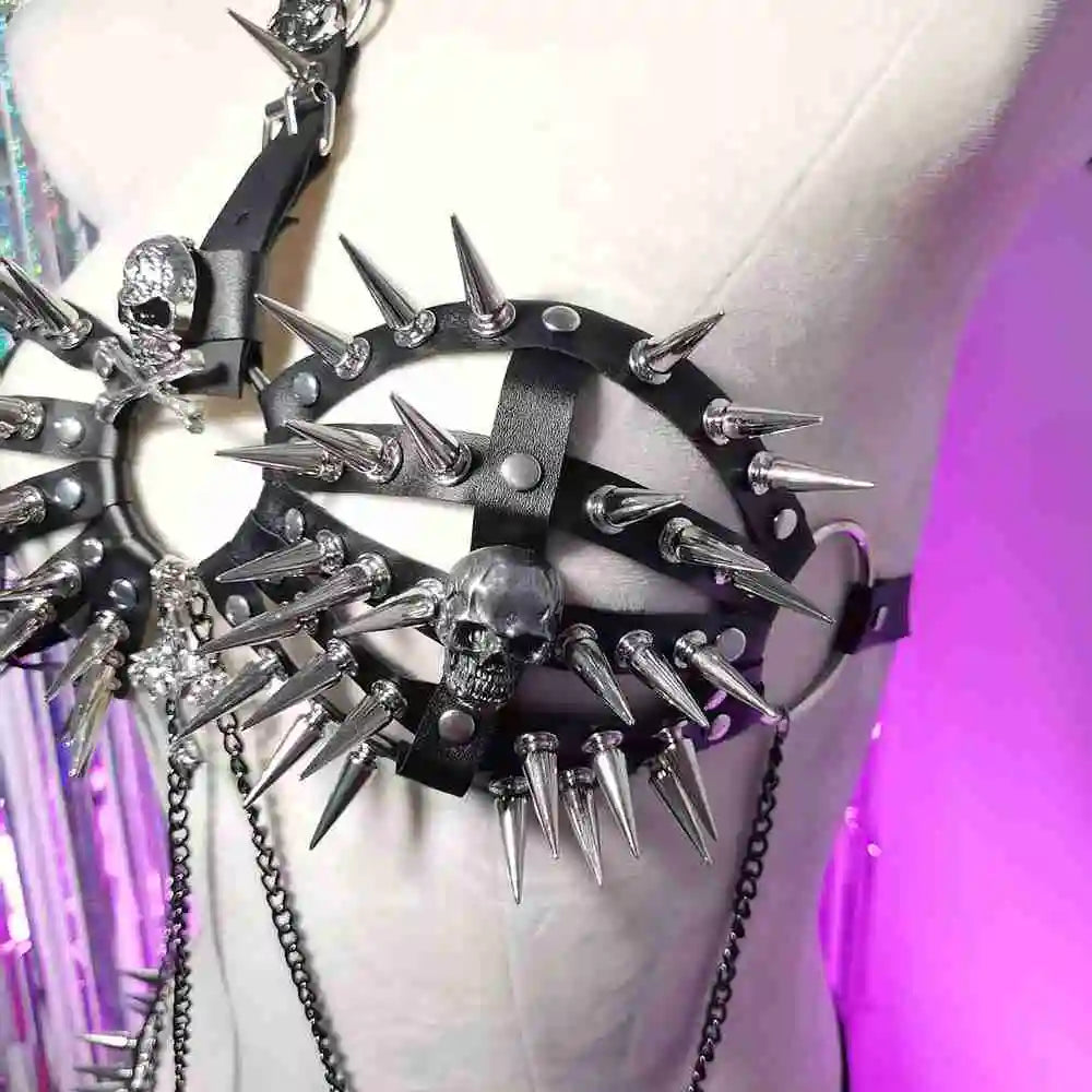Spike Rivet Studded Goth Punk Rock Grunge Revival Skull Chest Harness
