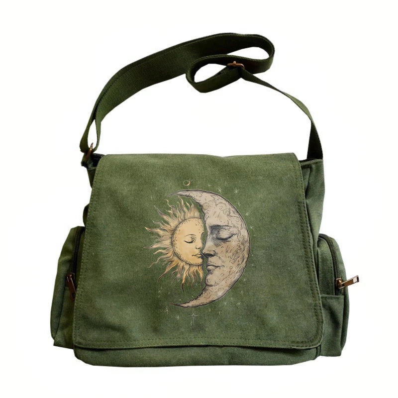 Sun Moon Print Canvas Shoulder Bag Crossbody Messenger Bag