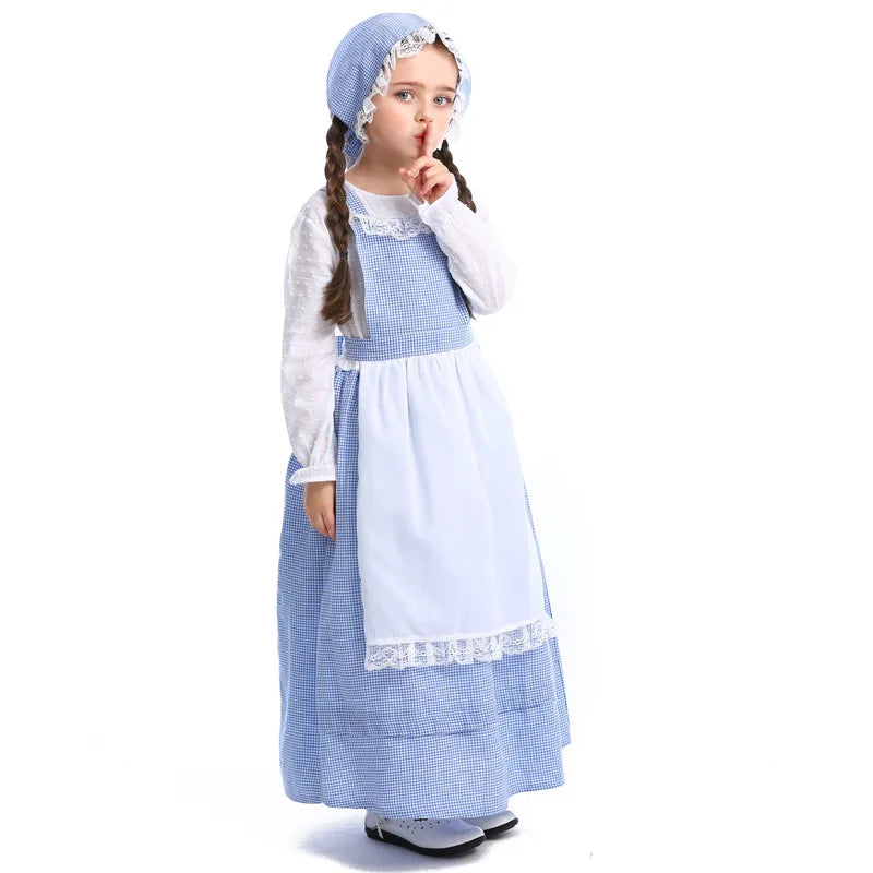 Little House Prairie Pioneer Girl Costume Olden Day Dress Purim Halloween Cosplay