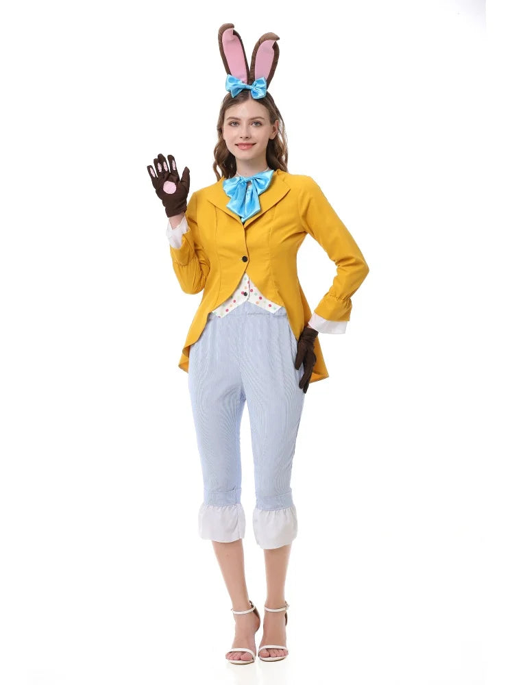 Women's Gentleman Rabbit Cosplay Costume Halloween Carnival Party Stage Performance Set With Bunny Ear Headwear Bow Tie Gloves