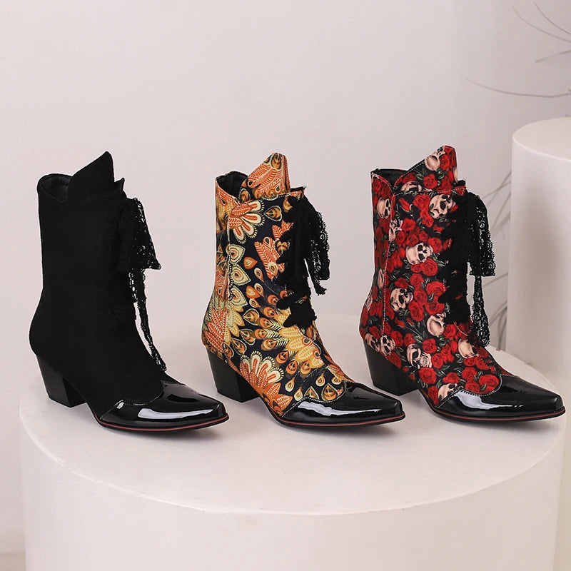 Skull Flower Lace Laces Ankle Boots