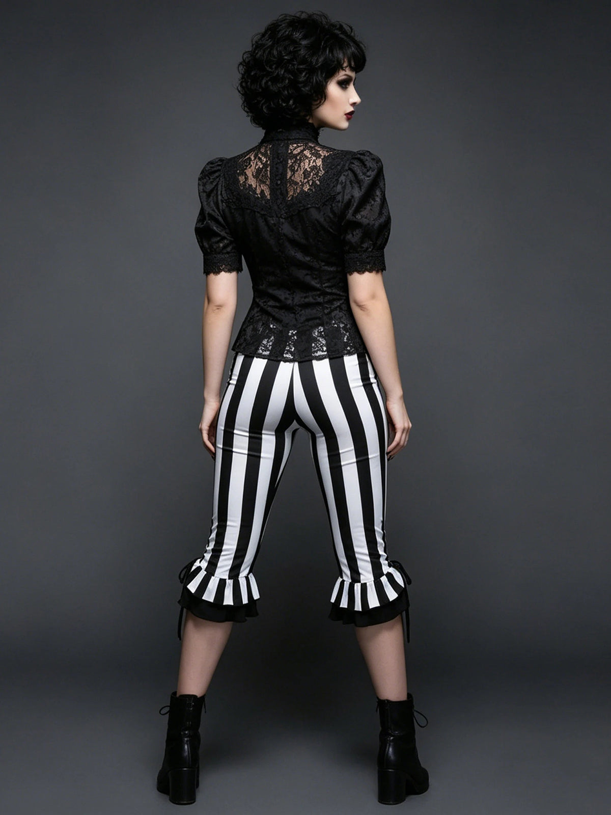 Women’s Black White Striped Capri Pants Slim Fit Bell Bottom Leggings Performance Wear Halloween Costumes
