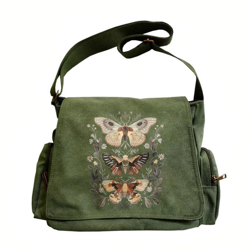 Trio of Moths Print Canvas Shoulder Bag Crossbody Messenger Bag