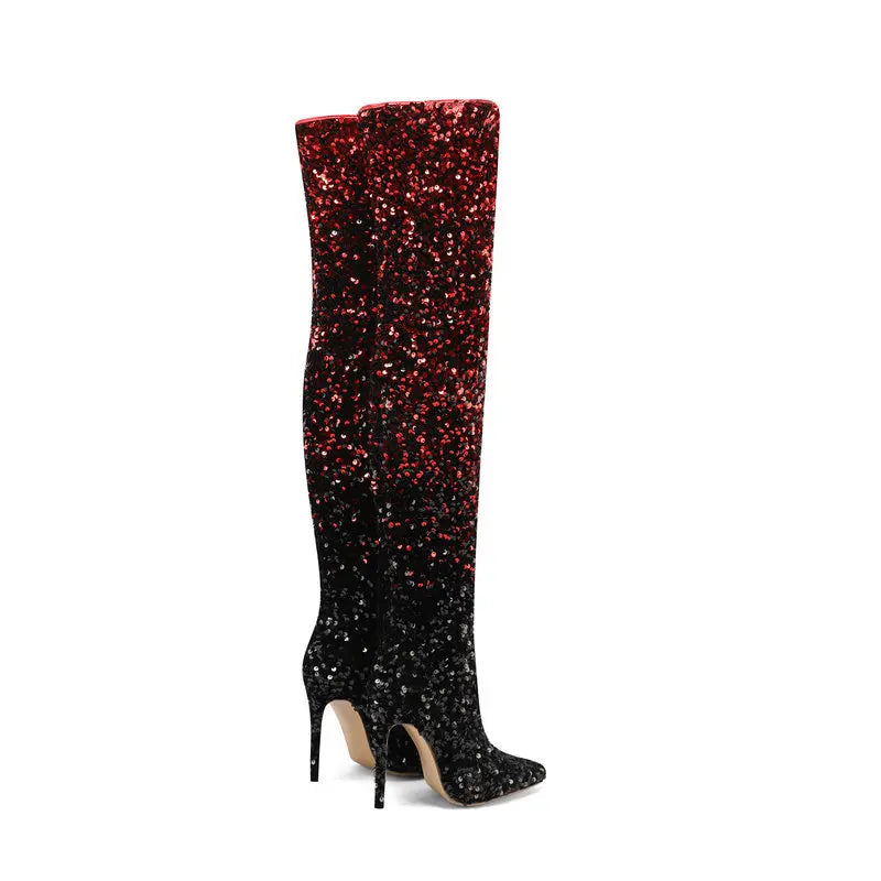 Galaxy Thigh High Boots Gradient Sequin Stretch Boots 11CM Heels