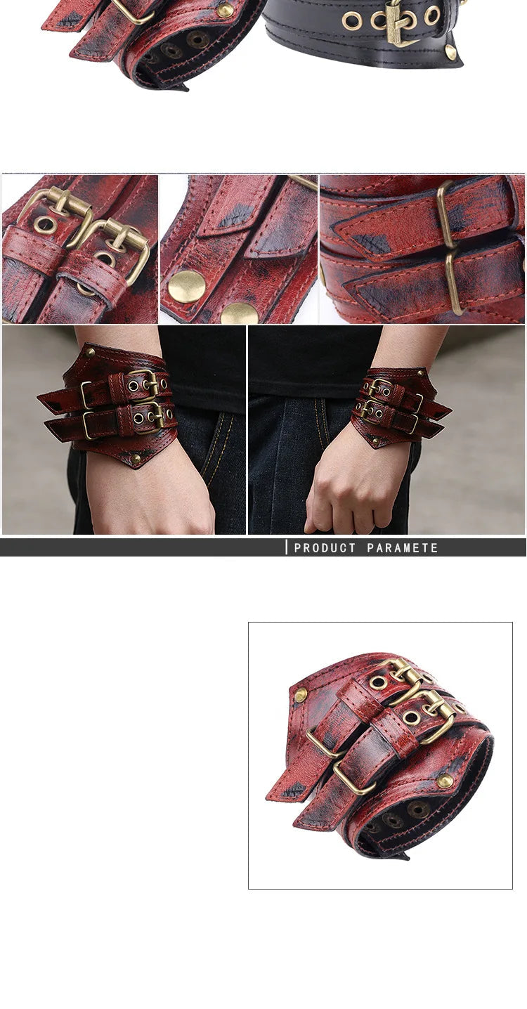 Genuine Leather Men's Wide Leather Wrist Cuff Buckle Bracelet