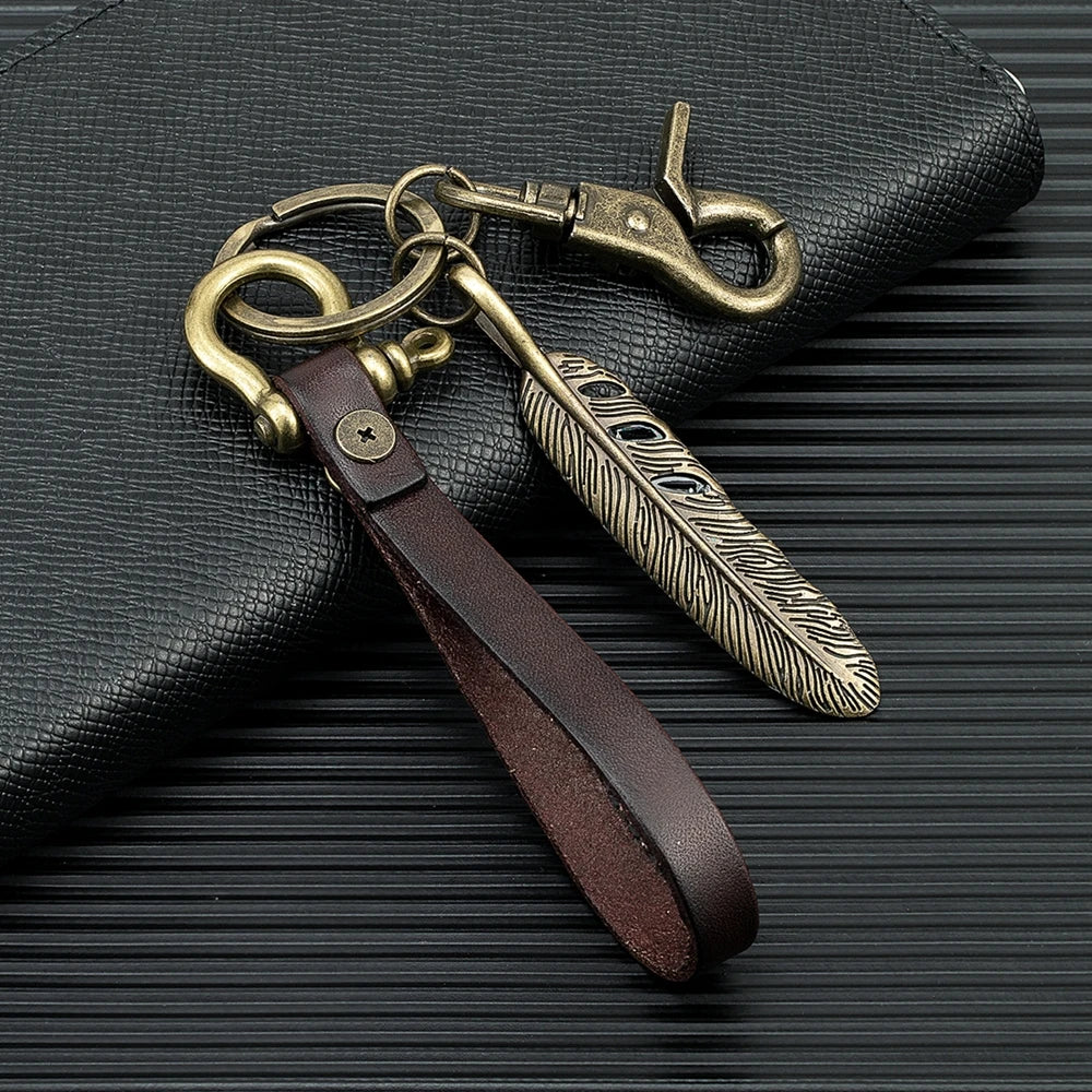 Handmade Leather Keychain Brass D-Shape Shackle Feather Charms Keyring