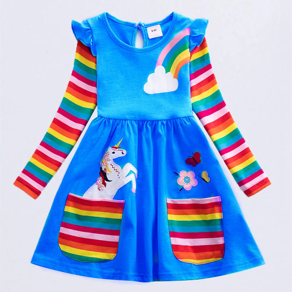 Girls' Long Sleeve Unicorn Dress Two Pockets Rainbow Sleeves