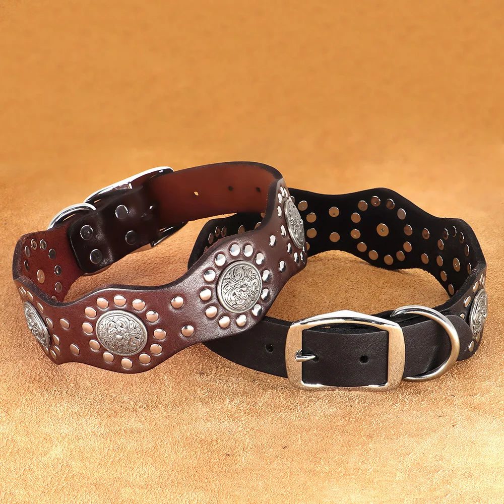 Genuine Leather Dog Collar 2inch Wide Rivets and Spikes Medieval Cosplay