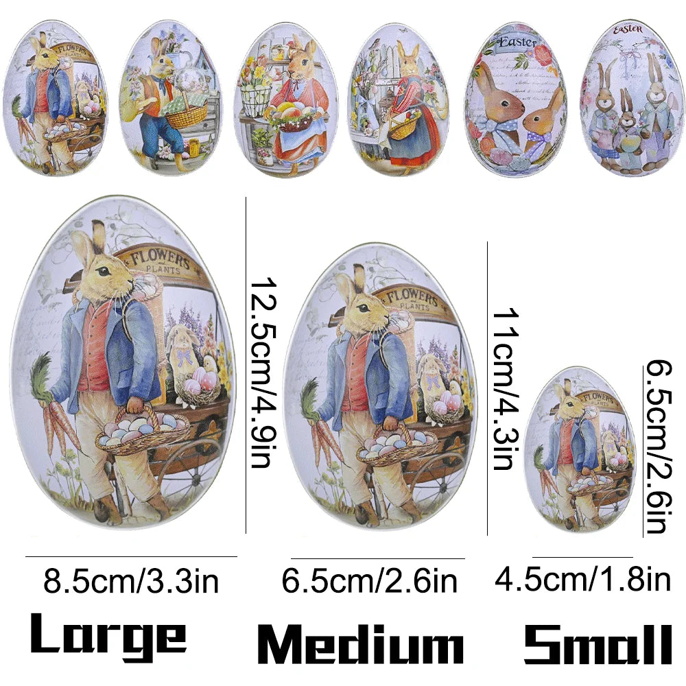 3 or 6 Large Medium Small Easter Eggs Bunny Pattern Metal Egg Shaped Candy Gift Box Easter Decoration
