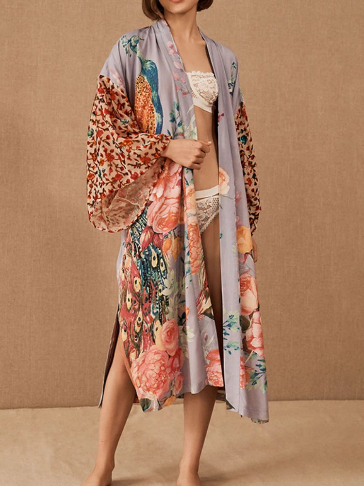 Peacock Floral Print Boho Kimono Cover-ups