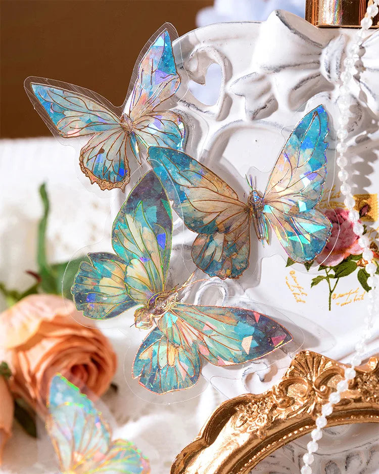 20pcs Ice Crystal Laser Butterfly PET Stickers DIY Scrapbooking Junk Journaling