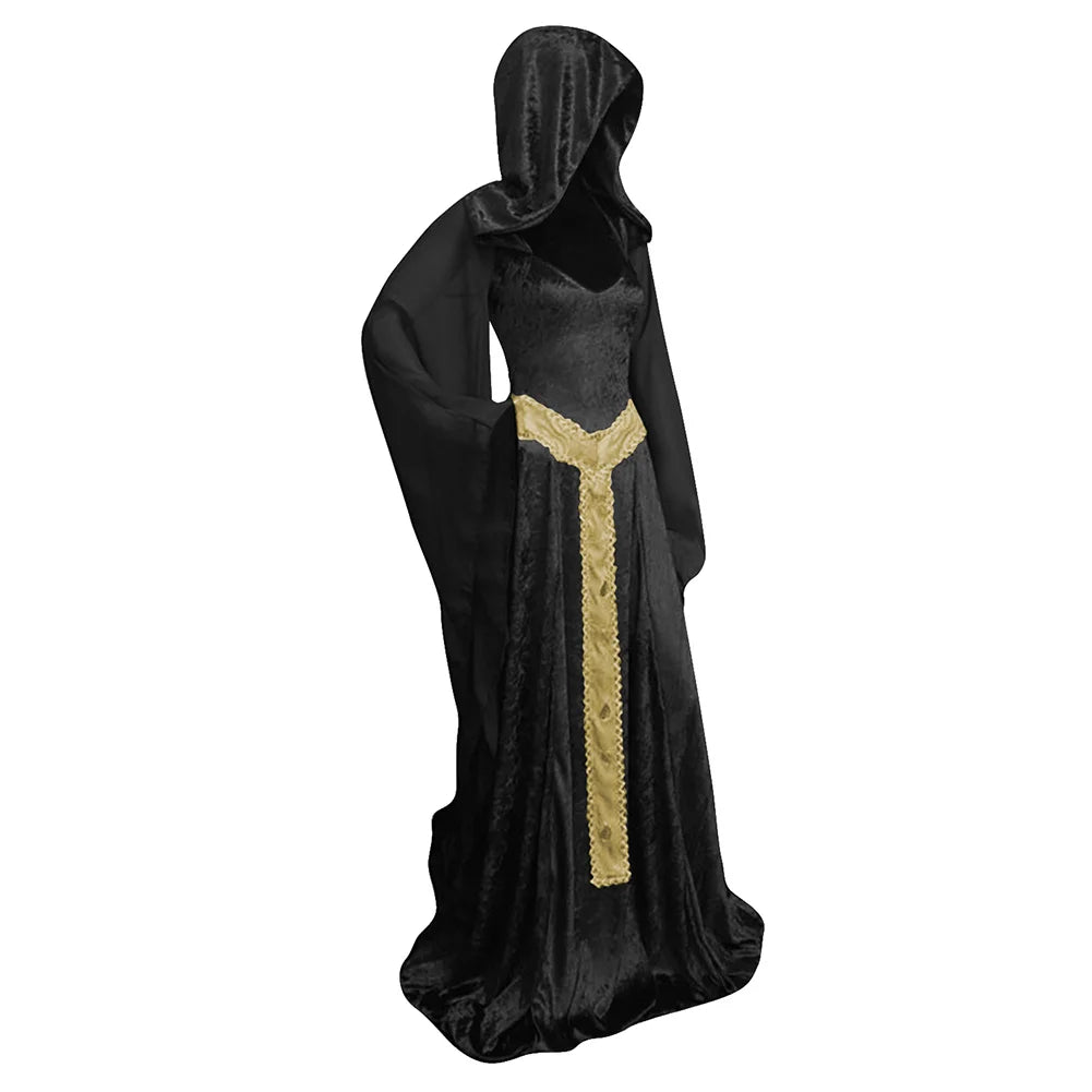 Mysterious Medieval Lady Cosplay Green Black Hooded Gown Renaissance Costume