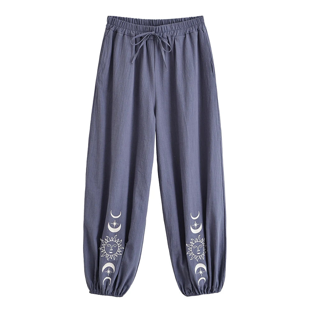Sun Moon Embroidered Linen Cotton Baggy Pants Side Pockets Loose Yoga Wear