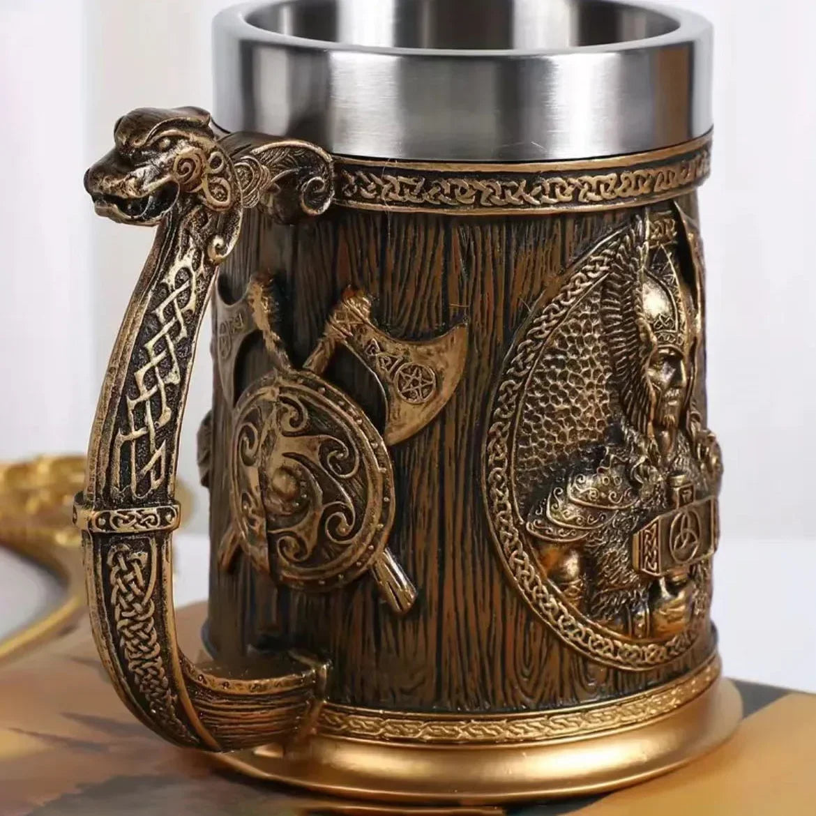 3D Viking Coffee Beer Mug Stainless Steel Warrior Stein Medieval Tree of Life Design