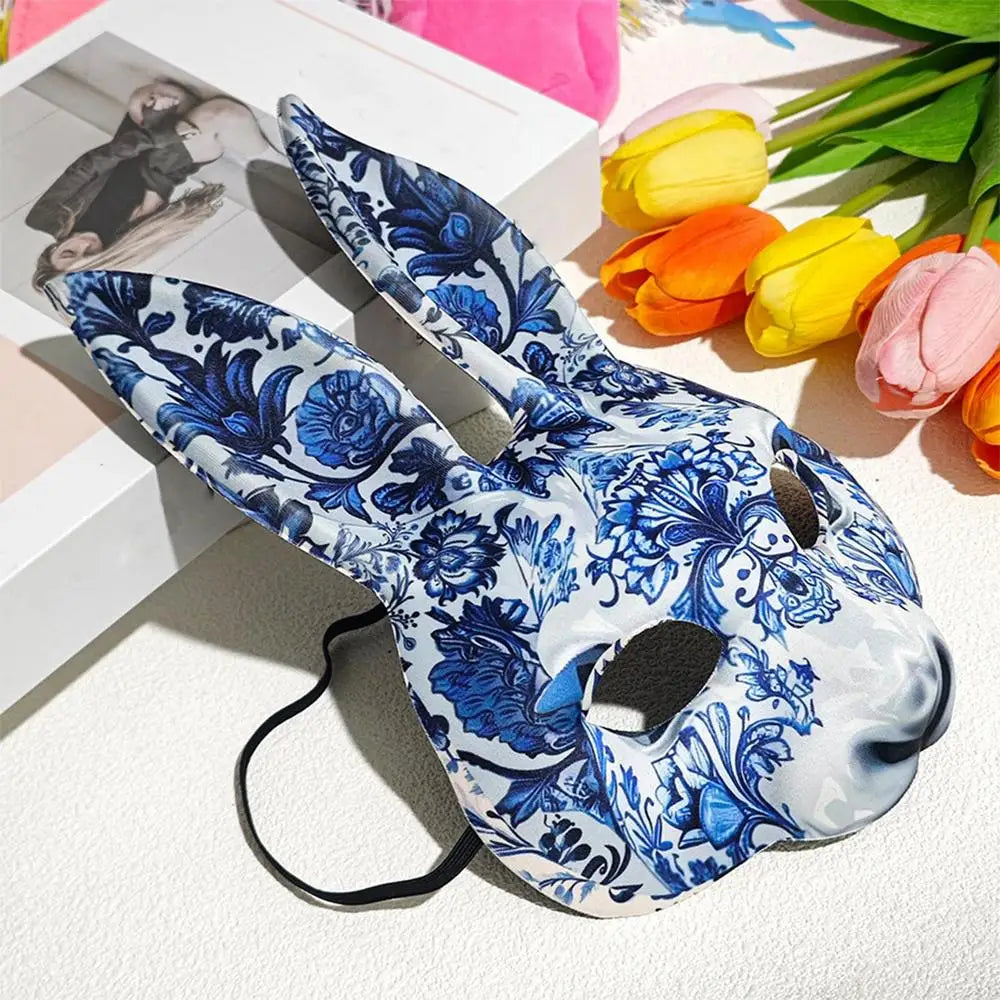 Blue Floral Porcelain Rabbit Masquerade Mask Costume Easter Decor