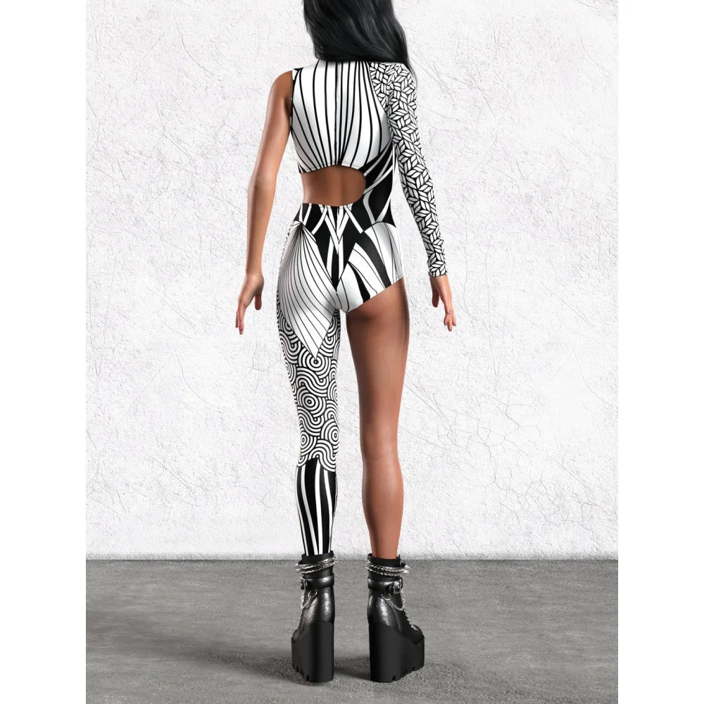 Asymmetrical Women Cyberpunk Bodysuit Costume Colourful Jumpsuit Cosplay Halloween Party Performance Suit