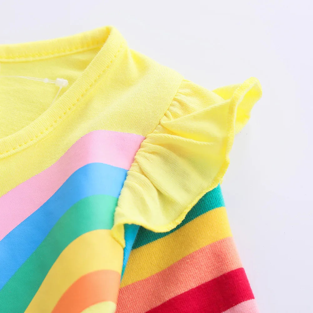 Girls' Long Sleeve Unicorn Dress Two Pockets Rainbow Sleeves