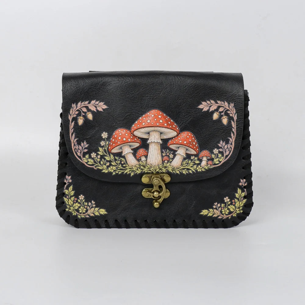 Red Mushroom Print PU Waist Bag Medieval Renaissance Distressed Faux Leather Flip Coin Belt Pouch