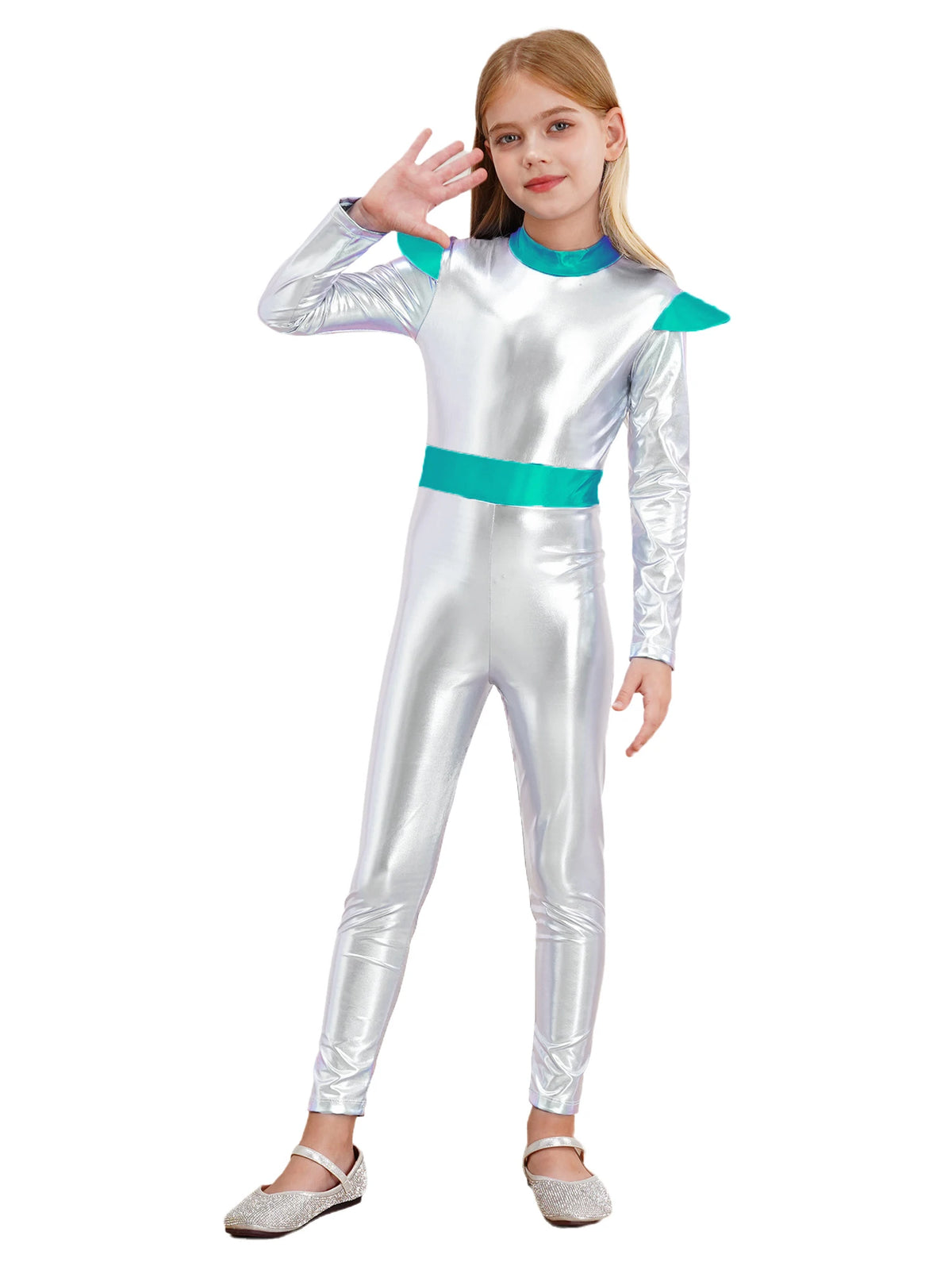 Girls Boys Alien Costume Shiny Metallic Full Body Suit Space Astronaut Robot Halloween Dress Up