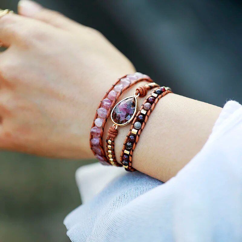 Rose Teardrop Natural Stones 3 Strand Wrap Bracelets