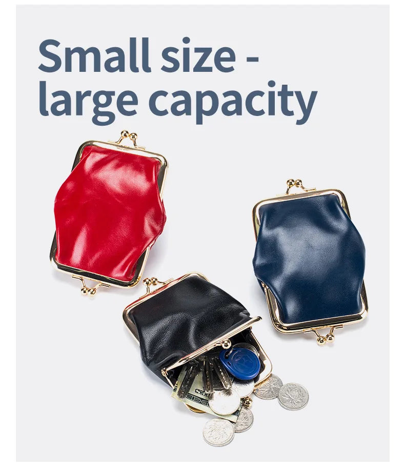 Genuine Leather Double Clamp Coin Purse Small Wallet Bag Pouch