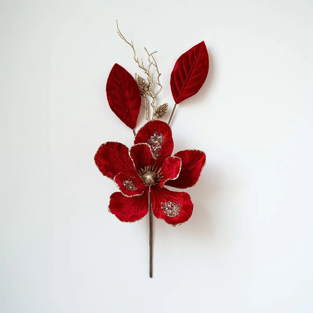 Glitter Christmas Magnolia Artificial Flower Red Gold Handmade Flocking Xmas Decorations