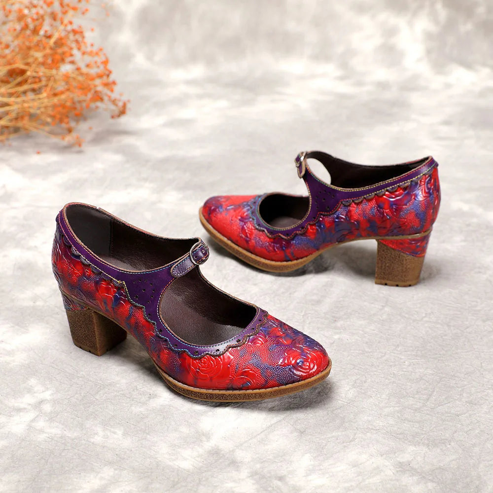 Sally's Embossed Genuine Leather Red Pump Heels Shoes
