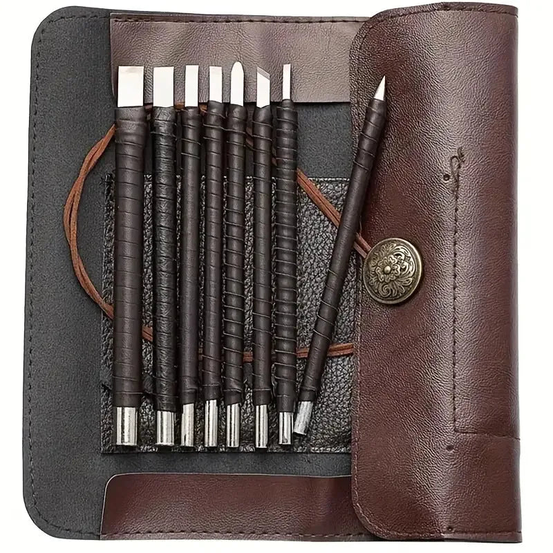 β8pcs Tungsten Steel Carving Chisels Set - Leather Handle & Bag for Stone/Wood/Metal Engraving