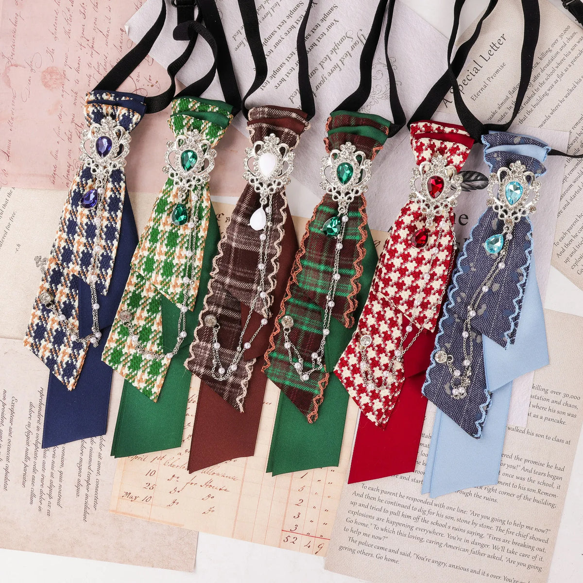 Dark Academia Jabot Plaid Short Necktie Rhinestone Brooch Pearl Chain