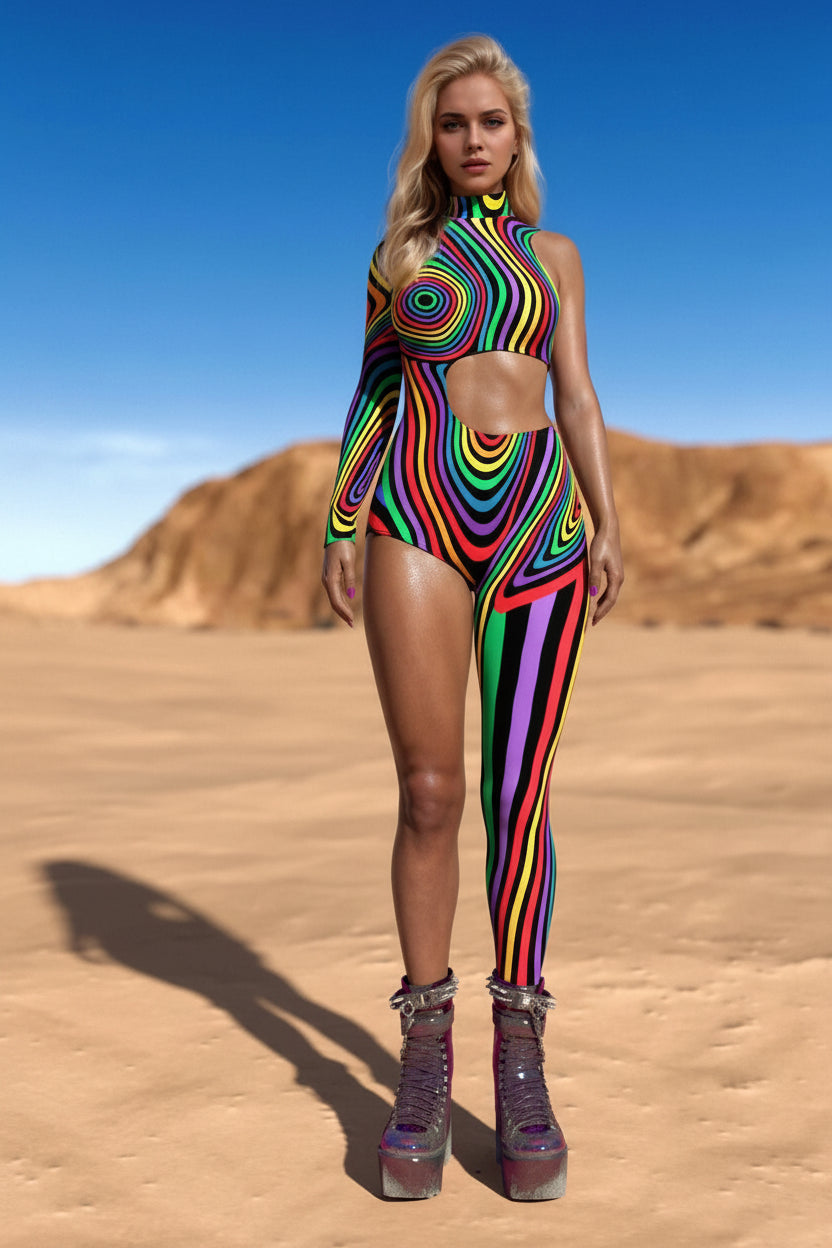Asymmetrical Women Cyberpunk Bodysuit Costume Colourful Jumpsuit Cosplay Halloween Party Performance Suit
