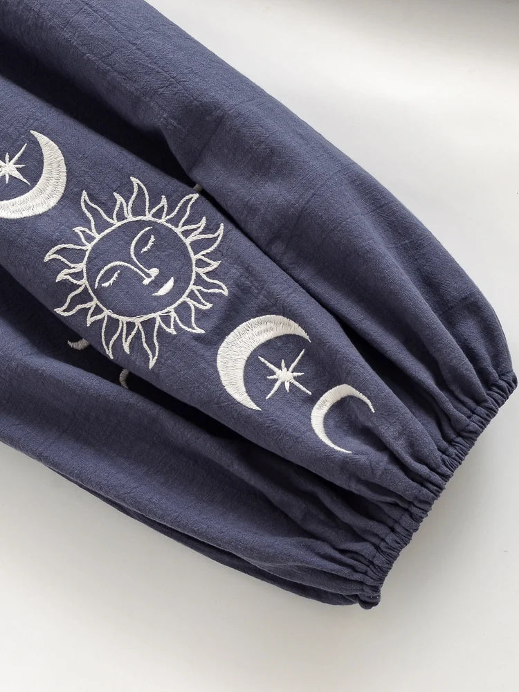 Sun Moon Embroidered Linen Cotton Baggy Pants Side Pockets Loose Yoga Wear