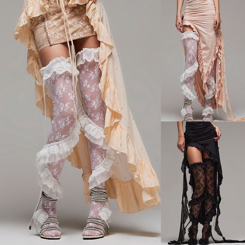 Gothic Lolita Ruffle Long Stockings Cosplay Costume Floral Lace Thigh High Socks