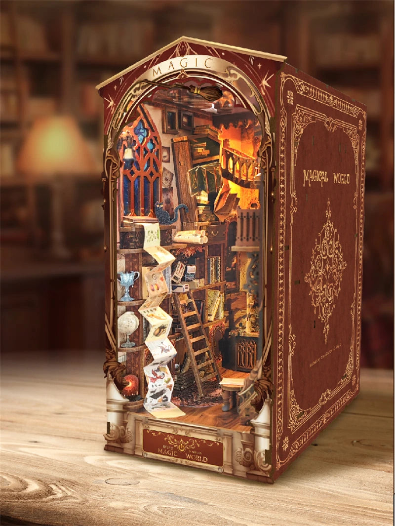 Magic Night Alley DIY Wooden Book Nook Shelf Insert Miniature Building Kits Bookshelf Decor with LED Lights