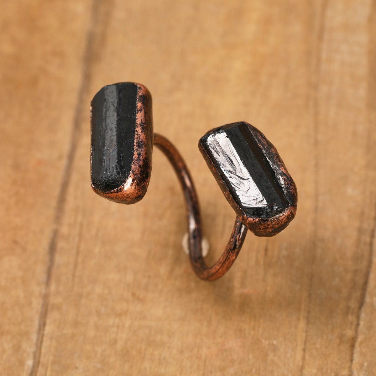Raw Black Tourmaline Brutalist Copper Rings