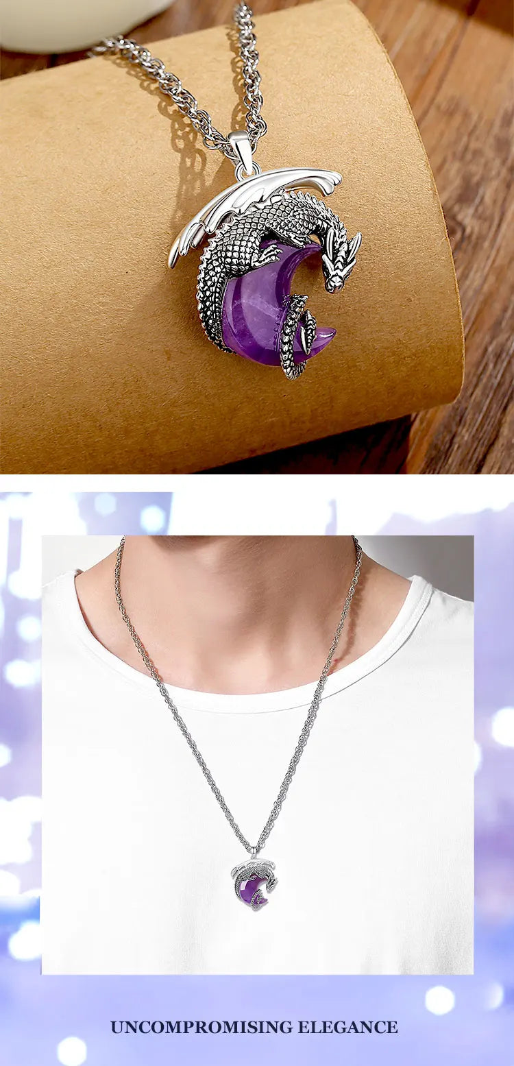 Dragon Crescent Moon Natural Amethyst Crystal Necklace Pendant