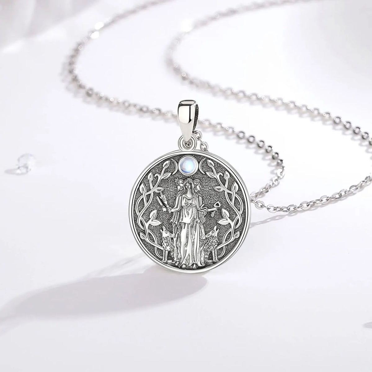 Moonstone Triple Moon Goddess Hecate Dog Amulet Pendant Necklace 925 Sterling Silver