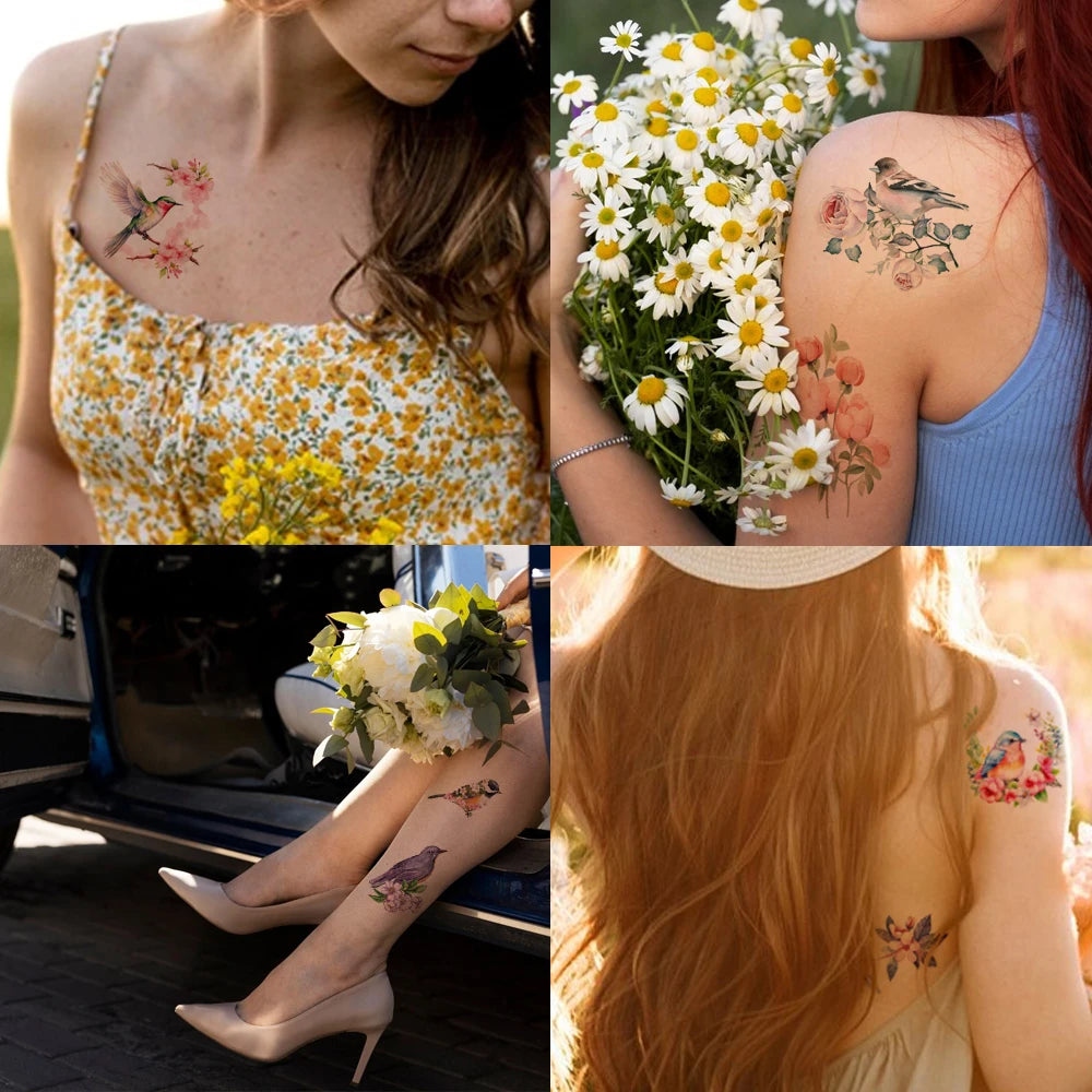 10pcs Watercolour Hummingbird Temporary Tattoos Floral & Bird Designs