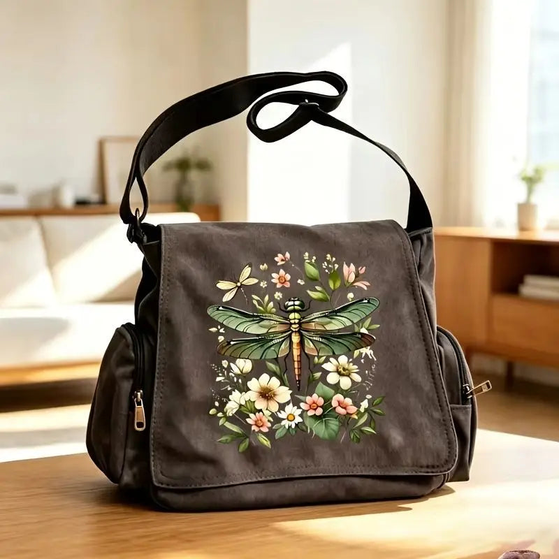 Dragonfly Print Canvas Shoulder Bag Crossbody Messenger Bag