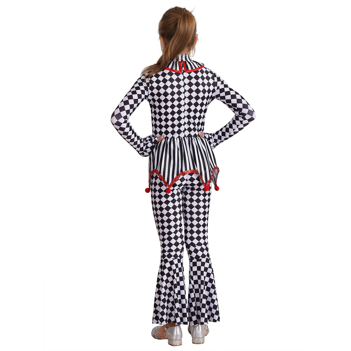 Kids Girls Halloween Harlequin Circus Clown Cosplay Costume Pom Poms Checkerboard Jumpsuit