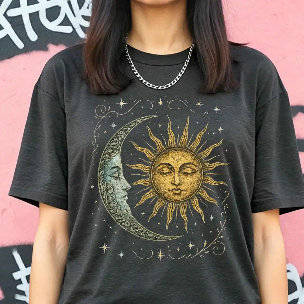 Boho Celestial Moon and Radiant Sun Cotton T-shirt