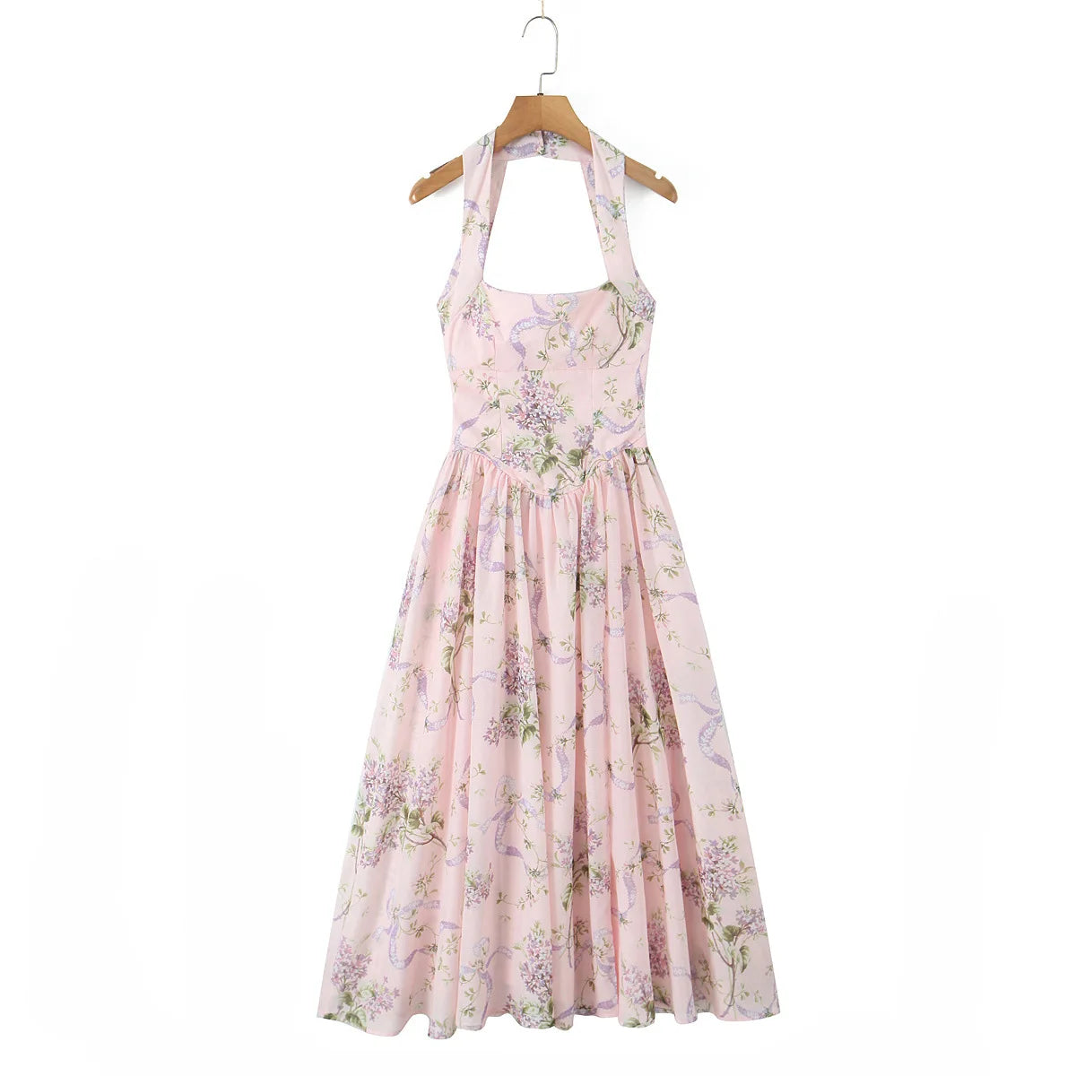 Ceony's Pink Floral Backless Halter Neck Dress