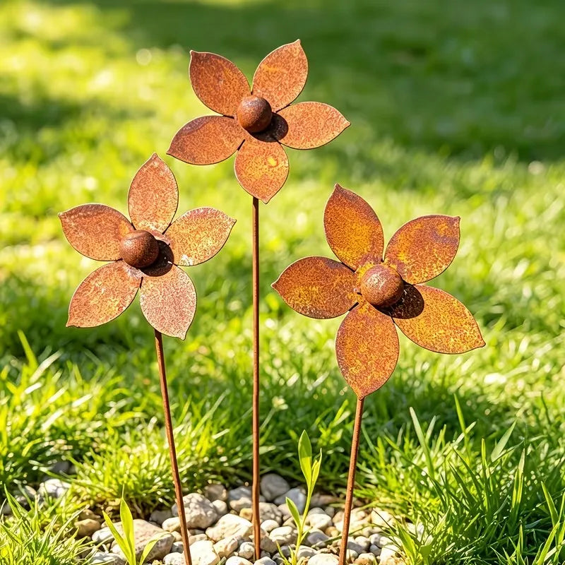 1/3pcs Rusty Metal Flower Garden Decorative Ground Stakes