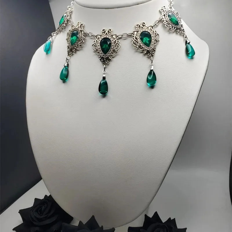 Victorian Medieval Gothic Green Envy Water Drop Courtier's Choker Necklace