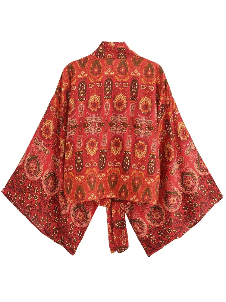 Nuri's Boho Short Kimono Red Floral Wrap Top