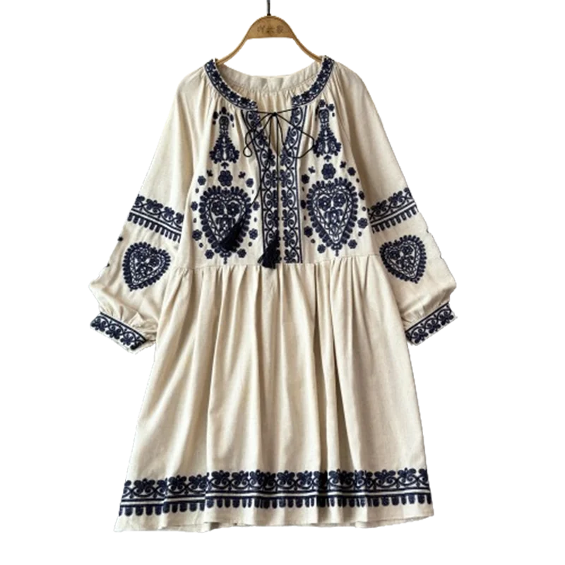 Georgia's Embroidered Boho Cotton Linen Long Sleeves Mini Dress